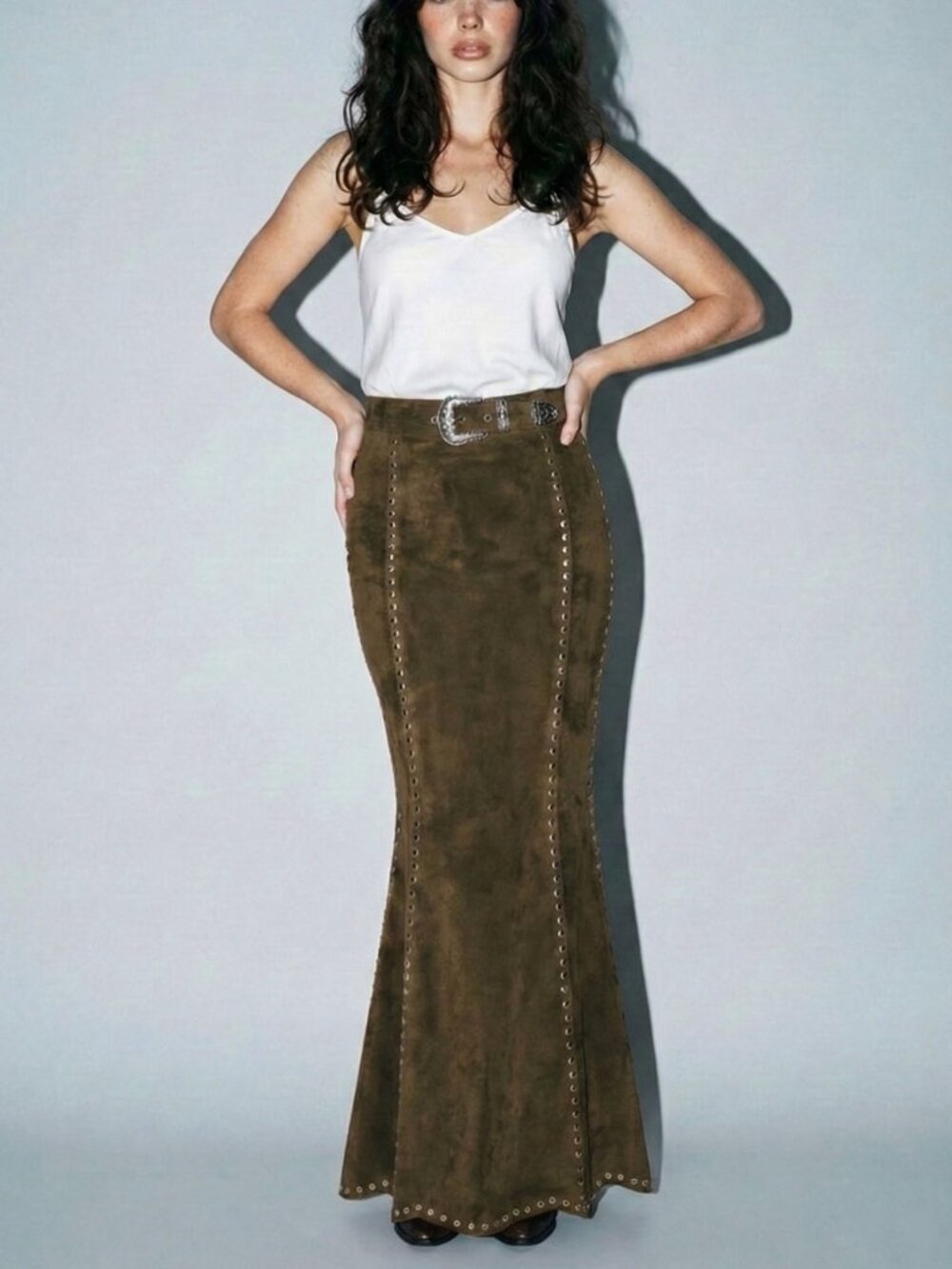 Suede Studded Maxi Skirt